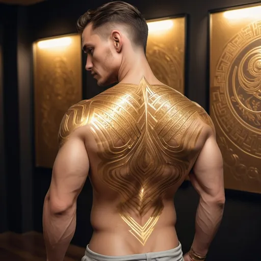 Prompt: Golden tattoos on a man's shoulder, shimmering metallic gold, detailed musculature, intricate geometric designs, high-quality rendering, realistic artistic style, warm gold tones, dramatic lighting
