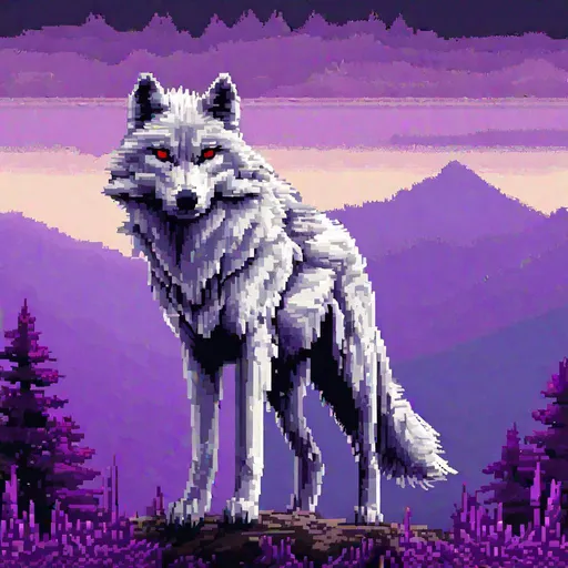 Prompt: pixel art, 16-bit, beautiful {white wolf}, with {silver eyes}, looking at viewer, layers of purple mountain silhouettes, twilight, highly detailed, thin black outline, beautifully detailed shading