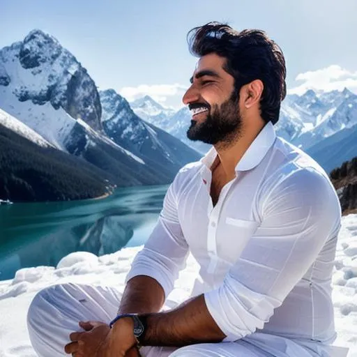 Prompt: portrait of a rugged haryana man, "super detailed face", lost in god, blissful smile, meditating, white kameez, snow, sunlit kailash mountain, hyperreal, yogi, side angle, white, closed eyes, detailed, hyperreal, sitting, arena, perfect composition, hyperrealistic, super detailed, 8k, high quality, trending art, trending on artstation, sharp focus, studio photo, intricate details, highly detailed, by greg rutkowski
