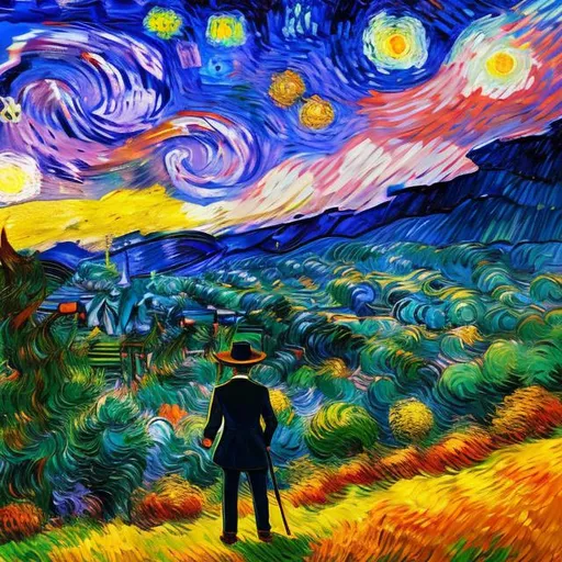 Prompt: A well-dressed man [Flamboyant Clothing, Straw Hat, thick beard], wandering in the mountains, a wooden cabin in the distance. peaceful atmosphere. Character by Hirohiko Araki. background by Vincent Van Gogh {Skies painted by Vincent Van Gogh}. Background by Bob Ross {Mountain painted by Bob Ross}.