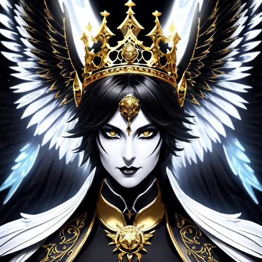 Prompt: Fantasy style, a hyper realistic detailed image of undead king, black lips, covered in nightly glow, four white wings, looking straight ahead, body facing camera, camera top third of image, perfect composition, super detailed, sharp focus HDR, UDR, 120k, square jaw, black and gold coloured thick wide dress, Gold shoulder plates, long straight windblown shiny white hair, radient gold eyes, in a dark stary night-time fantasy background, black sand covered jewellery, sun orb 