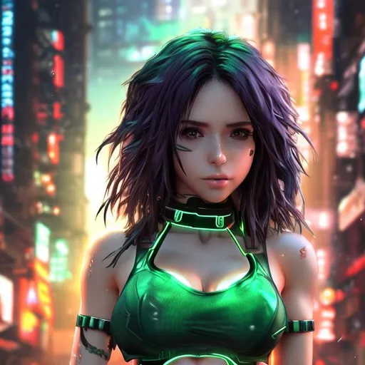 Prompt: 4k high resolution cgi anime cyberpunk style, full body image, petite Latin female, middle age, light eyes, dark hair, thick body build, small chest, bare belly and low cut green halter top, 
