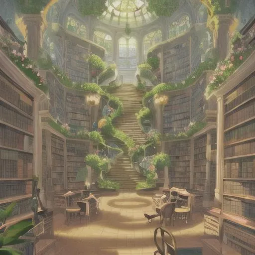 Prompt: Magical library plant garden