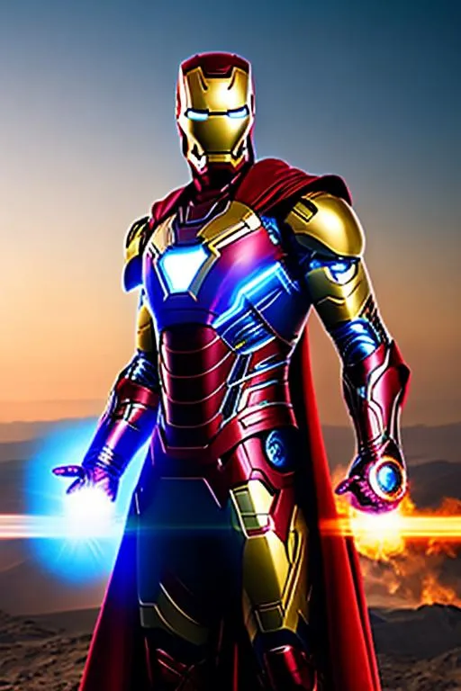 Prompt: High-resolution hyperrealistic photo of sorcerer-supreme iron-man, blue and gold armour and helmet, red cape, uhd, hdr, 64k