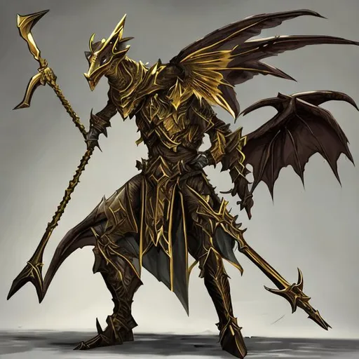 Prompt: undead pterosaur in golden armor wielding a spear