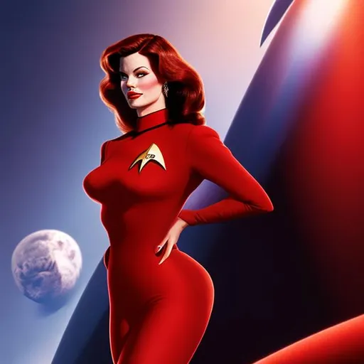 Prompt: A portrait of Jessica Rabbit, wearing a Starfleet uniform, in the style of "Star Trek the Next Generation."