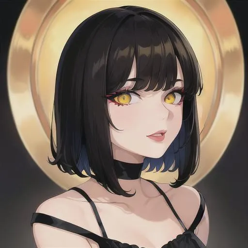 Prompt: (masterpiece, illustration, best quality:1.2), short trimmed all black hair, devilish yellow eyes, wearing yellow silky nightgown, best quality face, best quality, best quality skin, best quality eyes, best quality lips, ultra-detailed eyes, ultra-detailed hair, ultra-detailed, illustration, colorful, soft glow, 1 girl