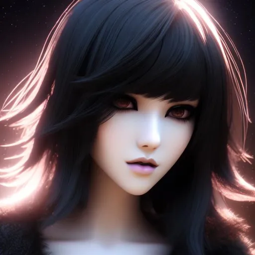 Prompt: slender goth girl with fluffy hair with bangs, ((beautiful detailed face and large eyes)), 