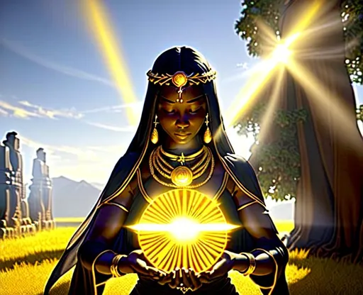 Prompt: (Hyperrealistic highly detailed wide shot of an ebonian sun priest woman summoning an exorcism on land)
Epic, magic, visual effect. Beautiful, determined, golden necklace, white translucent silk, holy light. Sun. Shadows. Scenery. Inspiring.