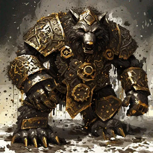 Prompt: ((in Splatter art style)), Gruff Gears, The shining metal known as Dwarven Adamant is an alloy melding ores of unknown origin into the most durable material ever made. Though found in parts of the ultra-rare Adamant Dwarven Wolf, the secret of its forging seems as lost as the Dwemer themselves, splattered with bursts of silver and gold, Masterpiece, Best Quality 