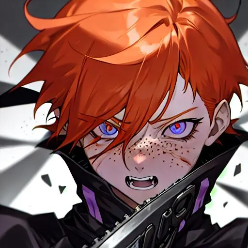 Prompt: Erikku male adult (short ginger hair, freckles, right eye blue left eye purple) UHD, 8K, Highly detailed, insane detail, best quality, high quality, fighting with a chainsaw