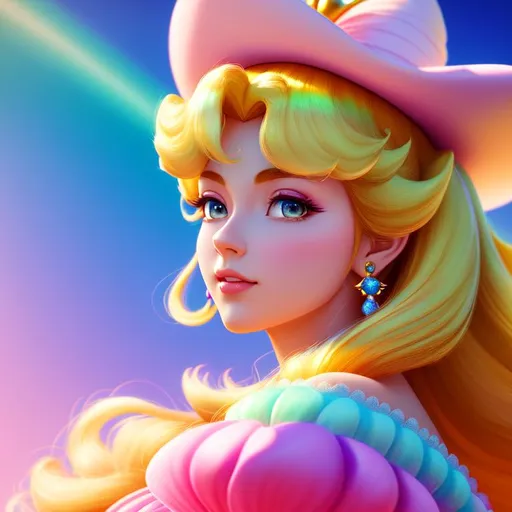 Prompt: Digital style painting, Princess Peach, style of Pixar, Fragonard, highly-detailed, cinematic, washed out palette, soft pastel color palette, light trails, sunny day, translucent, iridescent, long hair, arms visible, perfect composition, hyperrealistic, super detailed, 8k, high quality, sharp focus, intricate details, highly detailed, dynamic lighting, detailed and intricate environment, highest quality