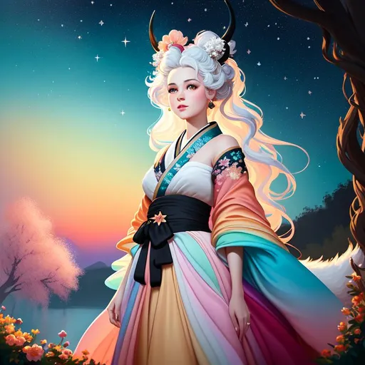 Prompt: painting of a beautiful girl, style of Fragonard, Pixar, Bob Ross, (messy hair), arms showing, legs showing, dusk, midnight, ((night sky)), sakura, peach, teal, black, bioluminescent, veils, (wearing intricate kimono), (white stag horns),  (fluffy white wolf ears), stars, ((yggdrasil in the background)), glowing, river, stream, lanterns, world tree, night sky, delicate, soft, silk, threads, ethereal, nebula, galaxy, luminous, ribbons, 3D lighting, soft light