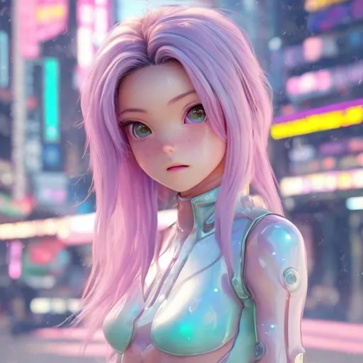 Prompt: New character. Waifu. Transparent clothing. Stunning. Cute. Dimples. Mesmerising . Pheromones. Innocent. Naive. Alluring. Young woman. beauty. Interesting eye makeup. Pastel coloured hair. Incredibly gorgeous. Sweet. Very Futuristic skimpy small tight clothes. Revealing. Realistic. Gritty. Detailed. Full body. Neo Tokyo background.