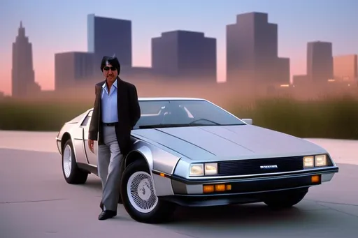 Prompt: John DeLorean standing next to a 1983 DMC DeLorean car against a background of Detroit with the Renaissance Center displayed prominently. 