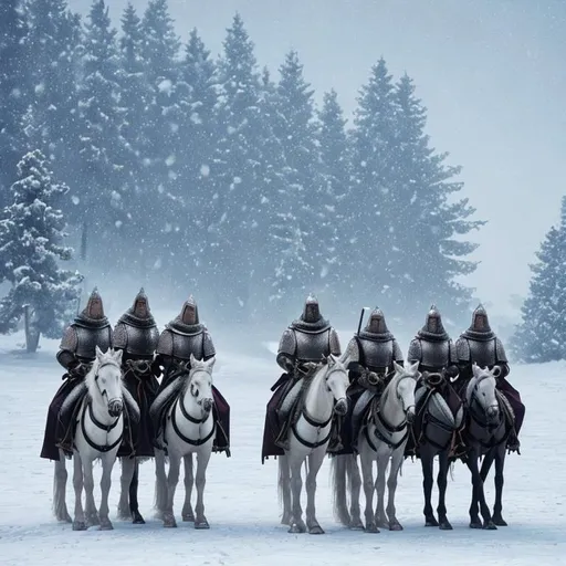 Prompt: 5 knights travelling in winter