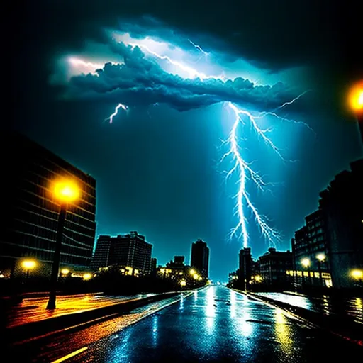 Prompt: night, city, rain, thunder, realistic.