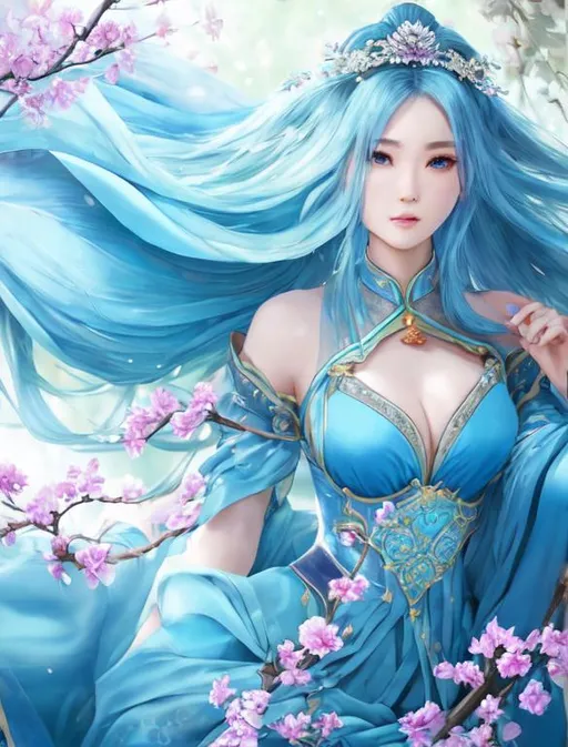 Prompt: she emperor wive with wuxia dress with blue fabric with faint Brocade pattern, soft lighting, beautiful detailed eyes, girl, perfect body, brave pose, seductive, lovely, tipsy, beautiful intricate hairs, pale skins, ember spark, water splash, busty, vortex, windy, symmetrical, full body, perfect composition, hyperrealistic, super detailed, 8k, high quality, trending art, trending on artstation, sharp focus, studio photo, intricate details, highly detailed, by Jørn Simensen