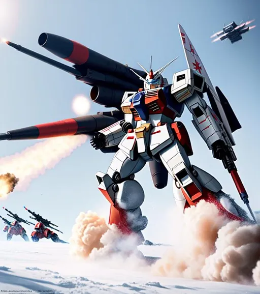 Prompt: RX-78AL Atlas Gundam fighting off a horde of USSR Pilots in the cold war, high definition, high quality