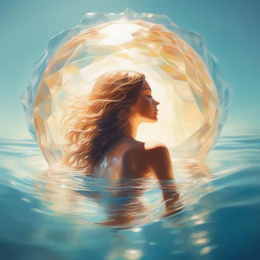Prompt: Beautiful woman made out of crystal glass, swimming up towards sunlight in a clear ocean in a painted style