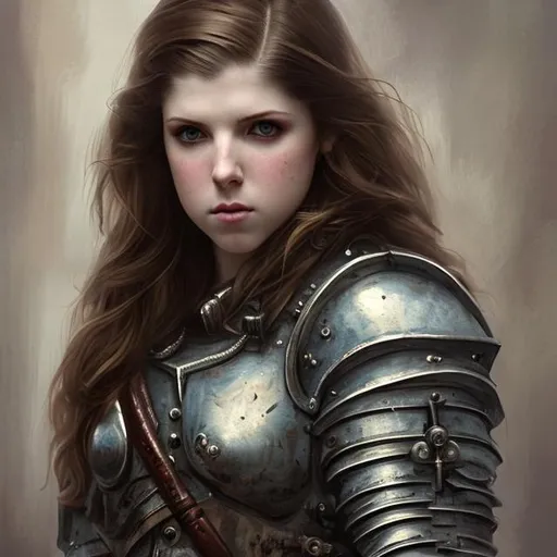 Prompt: anna kendrick, beautiful, detailed face, eye patch, missing eye, standing, 1800's portrait painting, muscular, bodybuilder, tall, stocky, knight, scifi armor, plate armor, sardukaur, white and gold