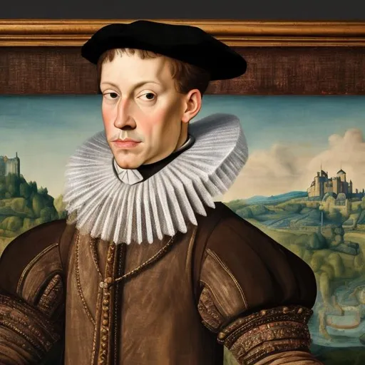 Prompt: make a portrait of a man from the 16th century which features naturalism and realism with a background of a huge castle made from stone and is surrounded by a river from the 16th century. 