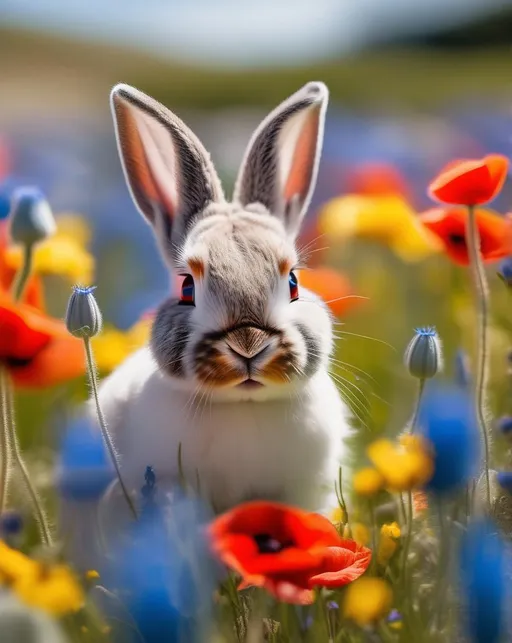 Prompt: An adorable baby rabbit with soft white fur sitting in a field of vibrant wildflowers on a sunny spring day, surrounded by red poppies, yellow buttercups, and blue cornflowers. The rabbit blends into the pastel flowers, with just its little face peeking out. Shot from ground level perspective , Canon 5D Mark IV and 100mm macro lens to capture details. The mood is serene, gentle and filled with new life. In the style of Beatrix Potter.