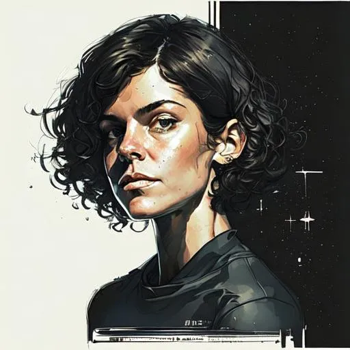 Prompt: beautiful smart intelligent kind dark-haired woman, interstellar spaceship, black casual uniform, ellen ripley in space ship, curly hair bob cut, 
concept art, beautiful design, computer central cube, sharp, fantasy aesthetic, highly detailed, art germ, trending on art station, award - winning, esthetically beautiful, beautiful, organic, 1980s style,  foreign planet, back lit
