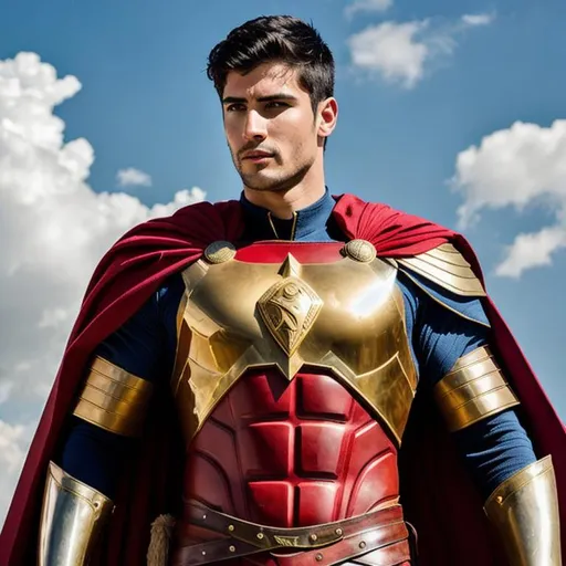 Prompt: Tall, young, and handsome Roman superhero with a cape and iron armor 