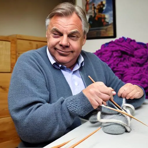 Prompt: Sam Allerdyce learning how to knit using knitting needles and white wooden yarn