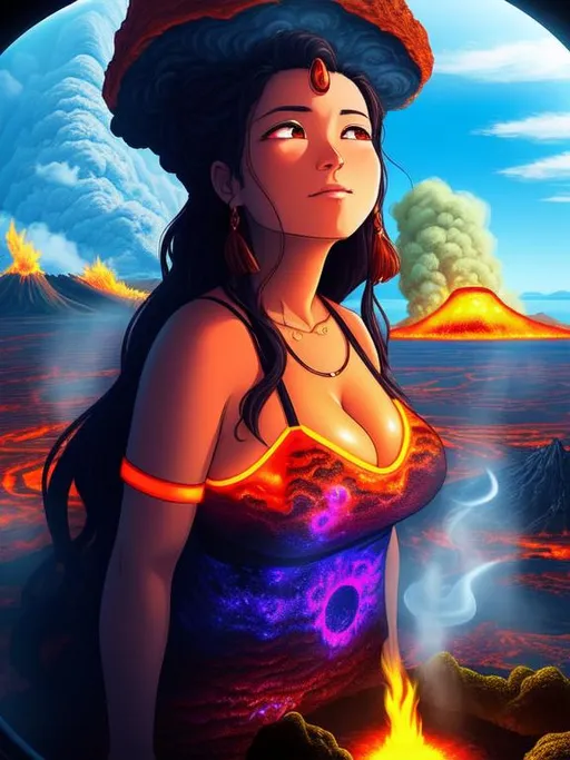 Prompt: Full body, Create a surreal digital art piece of a giantess relaxing in a volcanic crater, surrounded by clouds. She is taking a bath in the molten lava, and the lava is glowing a warm orange color. The landscape around her is highly detailed, with jagged rocks and smoking vents. The giantess has an otherworldly appearance with glowing eyes and a serene expression. The overall tone of the piece is surreal and ethereal, with a focus on the contrast between the relaxing scene and the dangerous volcanic environment. The artwork should be highly detailed and created using digital painting software such as Photoshop or Procreate, with a resolution of at least 3000x3000 pixels