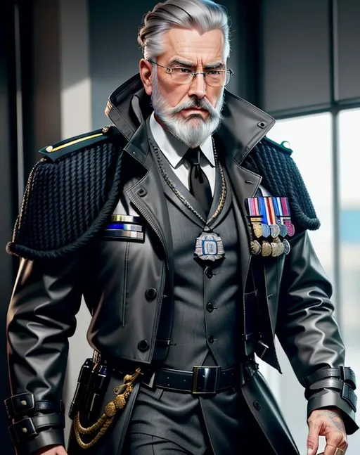 Prompt: perfect composition, bearded goatee {75 year old}, lean {British police chief}, {short hair}, {long braided beard}, {wearing futuristic trench coat over police gear}, extra masculine, peak fitness, determined expression, 8k eyes, detailed face, wlop, stanley artgerm lau, artstation, hd, octane render, hyperrealism intricate details, 8k, cinematic volumetric light, proportional, sharp focus, studio photo, intricate details, highly detailed, intricate artwork masterpiece, ominous, intricate, epic, trending on artstation, highly detailed, vibrant, production cinematic character render, ultra high quality model, 