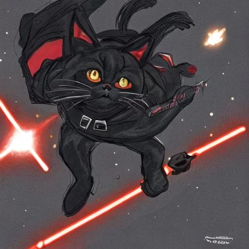 Prompt: A black cat wearing a darth vader helmet and wielding a red lightsaber in space.