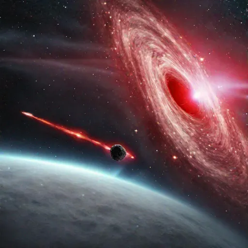 Prompt: A black hole absorbing a comet that is flying by with a red tail, comet stretching on event horizon, uhd