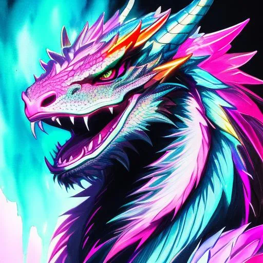 portrait of a roaring neon dragon with fangs and iri... | OpenArt