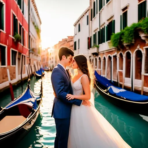 Prompt: "Create a stunning and romantic image that prominently features a young, passionate couple in Venice at dusk. The couple, radiant and captivating, takes center stage as they stroll hand in hand along one of the picturesque canals of the city. The atmosphere around them is magical, with the last rays of sunlight bathing the tranquil waters and historic buildings in golden hues. Gondolas glide gracefully on the waters, while golden reflections dance on the surface. The couple's expressions of joy and tenderness are visible as they share a special moment. Create a scene that celebrates the passion and beauty of love, with the main focus on the couple, in one of the most romantic places in the world, Venice."



""camera photorealistic, HD realistic shaded, , photorealistic, realistic, cinematic lighting, volumetric lighting, intricate detail."