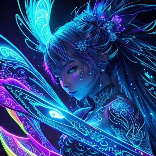 Prompt: Bioluminescent body art, full body Bioluminescent  tattoo, intricate detailed style of colourful, japanese gorgeous woman,  hyperdetailed Bioluminescent gases painting, heavy strokes, paint dripping glowing neon Bioluminescent paints and wild rift, sharp focus digital detailed by Mr Muz., Miki Asai Macro photography, close-up, hyper detailed, trending on artstation, sharp focus, studio photo, intricate details, highly detailed, by greg rutkowski, Bioluminescent skin, bioluminscent silk kimono