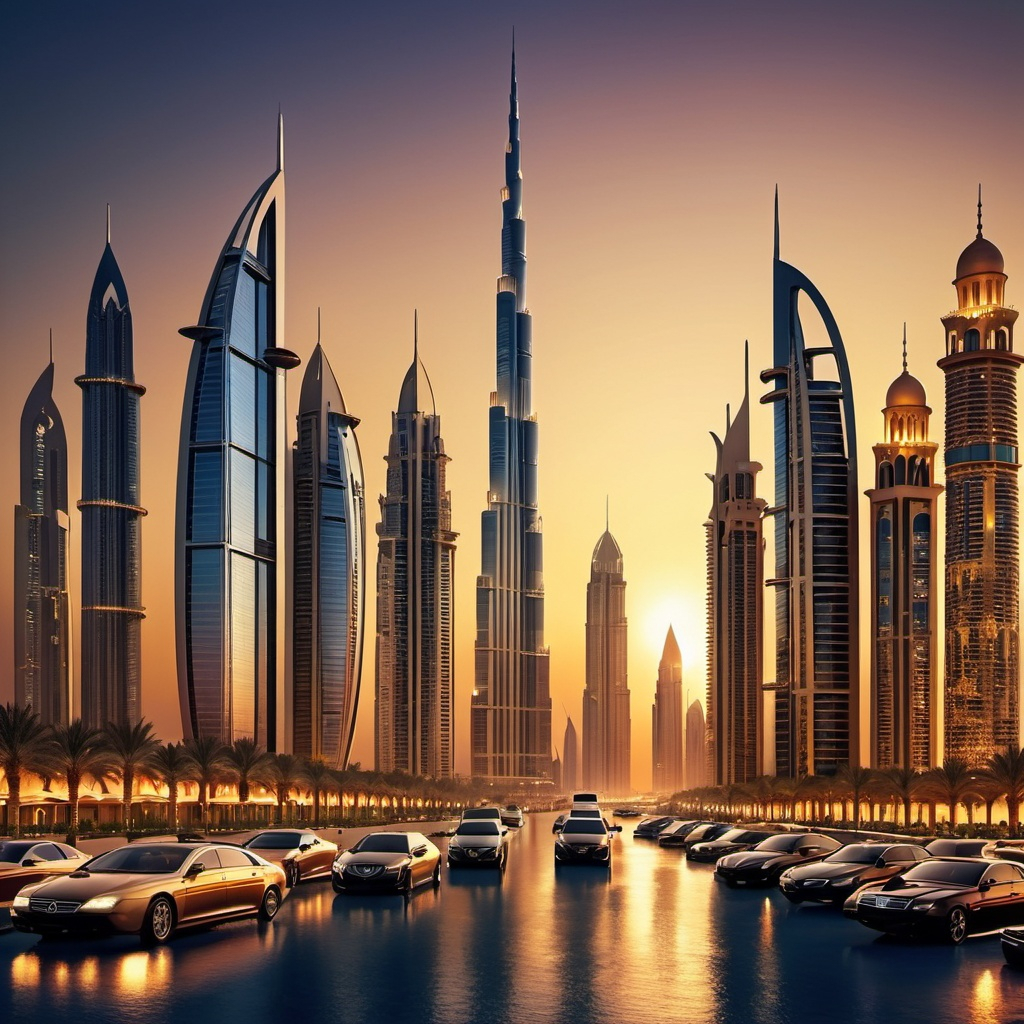 Glamorous advertising illustration of Dubai skyline,... | OpenArt