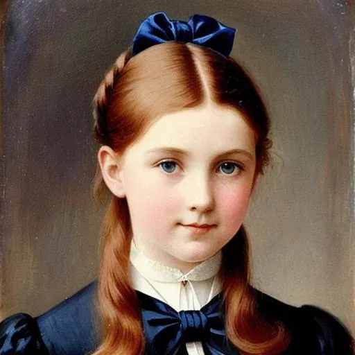 Prompt: portrait of a beautiful Victorian girl with red hair and dark blue eyes wearing a dark blue school uniform and a white hair bow