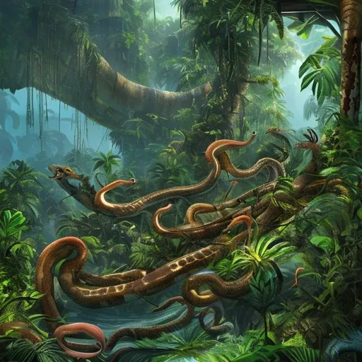 Prompt: dense jungle, squid, anaconda, tree