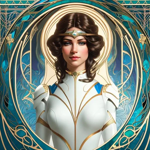 Prompt: Art Nouveau. portrait of a beautiful female cyborg, with gentle, empathetic eyes. realistic proportions, correct proportions. White prism, cosmic, etherial, astrology, celestial symbolism, detailed blue, black, gold, copper, jade tinted. 