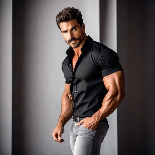 Prompt: Professional full-body photoshoot of a gorgeous, muscular, male model with a small mustache and stubble, wearing a short-sleeve button-up shirt and black jeans, flexing his biceps, hyperdetailed {symmetrical eyes}, {defined shredded musculature, broad shoulders}, {sultry romantic}, center frame, studio light, intricate detail, best quality, uhd, 8k, symmetry  