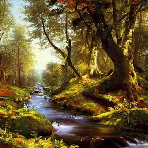 Prompt: a cartoon oil painting forest with a stream by Peder Mork Monsted.