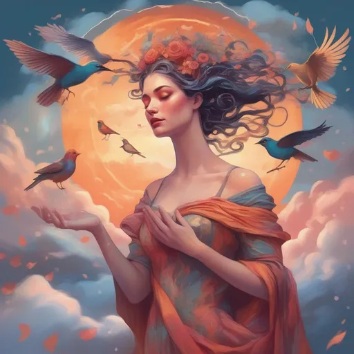 Prompt: A colourful and beautiful Persephone with rain dripping from her hair, wearing a flowing ballgown made of clouds, surround by clouds and birds in a painted style controlling lightning with her hands at sunset