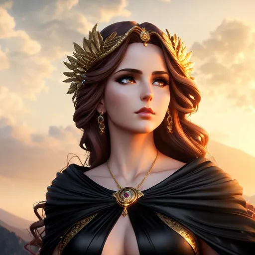 Prompt: Drama 3D HD Ominous, Forbearing, Brooding (Arrogant, Aloof, {goddess} female dressed as Aphrodite}, Evening, hyper realistic, 8K expansive Mount Olympus background --s99500