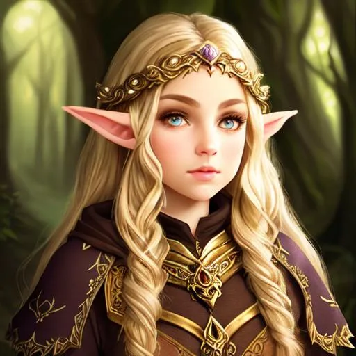 Prompt: 13 year old druid elf girl. Light brown eyes. Sandy blond hair. Light-skinned. Rosy cheeks. Gothic fantasy. High fantasy. cinematic lighting. Romanticism.. Character design.