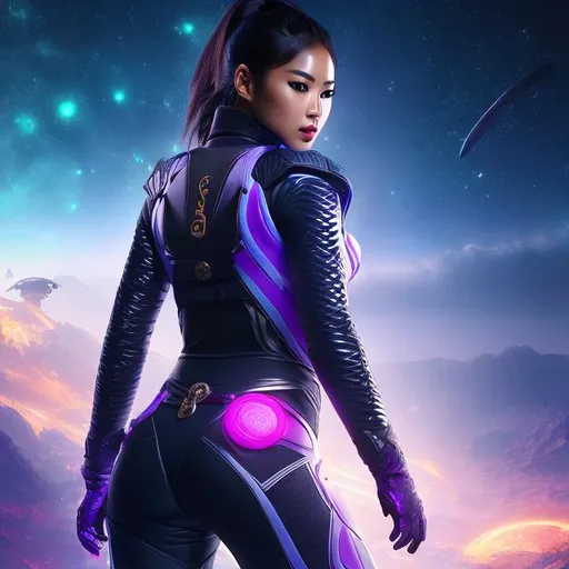 Prompt: create photograph of beautiful female ninja who is wearing bright futuristic ninja suit,  night time and beautiful sky  space and planets an nebulae in sky highly detailed, detailed face, extremely detailed environment, extremely detailed background, extremely detailed skin, extremely detailed clothing, natural colors , professionally color graded, photorealism, 8k, realistic, moody lighting, galactic environment, volumetric lighting