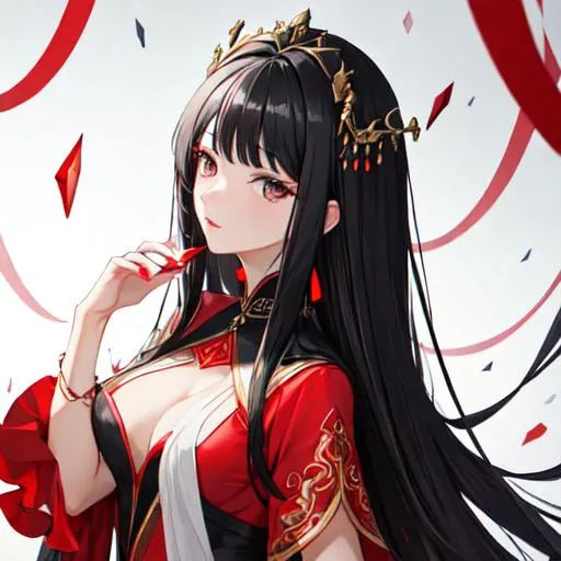 Prompt: Beautiful goddess with black hair and black eyes, with a red dress.