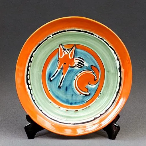 Prompt: Orange cat pottery plate in the style of Uzbekistan 