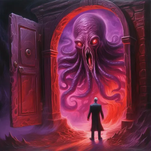 Prompt: Eldritch Elder God reaching through a portal over a terrorized city, red and purple haze, best quality, masterpiece, in Lovecraftian art style, oil painting, detailed,